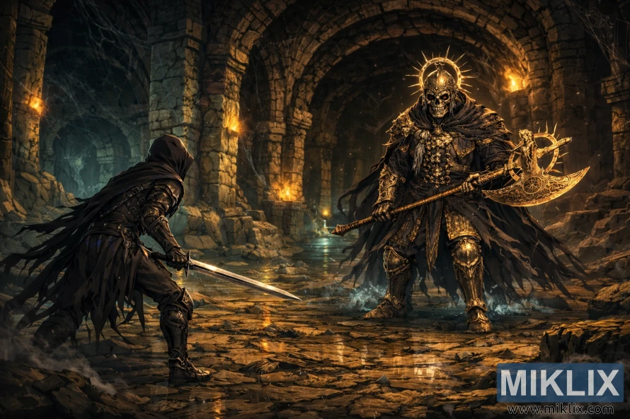 Wide anime style scene of the Tarnished with a sword facing a skull-faced Death Knight wielding a golden axe inside a vast torch-lit catacomb just before battle.