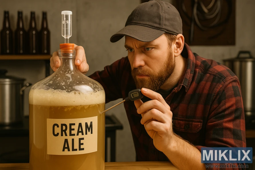 Namų aludaris šiltose dirbtuvėse atidžiai apžiūri kreminio alaus fermentatorių termometru.