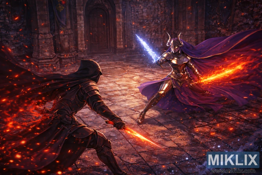 Isometric anime-style view of the Tarnished in Black Knife armor dueling Rellana, Twin Moon Knight, who wields a flaming sword and a frost sword inside a gothic castle courtyard.