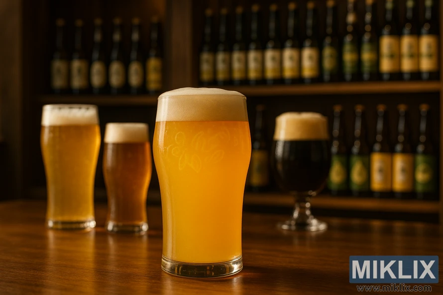 Пинта мутного золотистого эля с ароматом хмеля Galaxy в тускло освещенном баре крафтового пива. Пинта мутного золотистого эля с ароматом хмеля Galaxy в тускло освещенном баре крафтового пива.