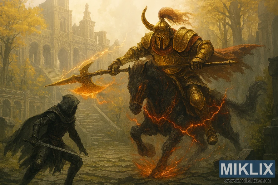 एल्डेन रिङ भग्नावशेषमा हलबर्डसँग ड्र्याकोनिक ट्री सेन्टिनेलसँग लडिरहेको टार्निश्डको एनिमे शैलीको फ्यान आर्ट