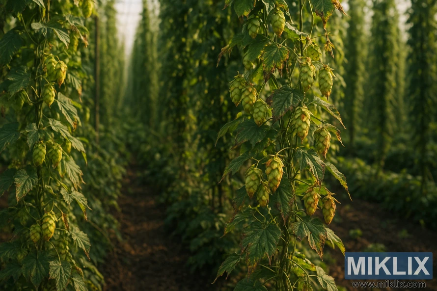 Хмільні гілочки сорту Мандарина Баварія на сонячному полі із зів'ялими кінчиками та знебарвленим листям. Хмільні гілочки сорту Мандарина Баварія на сонячному полі із зів'ялими кінчиками та знебарвленим листям.