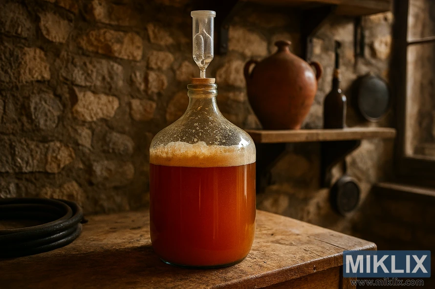 Glass carboy fermenting Belgian ale in a rustic stone-walled homebrewing workshop Glass carboy fermenting Belgian ale in a rustic stone-walled homebrewing workshop