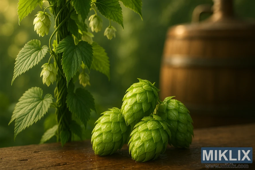 Tuoreita Agnus-humalan käpyjä ja lehtiä, jotka hohtavat kultaisessa valossa puisen keittoastian takana. Tuoreita Agnus-humalan käpyjä ja lehtiä, jotka hohtavat kultaisessa valossa puisen keittoastian takana.