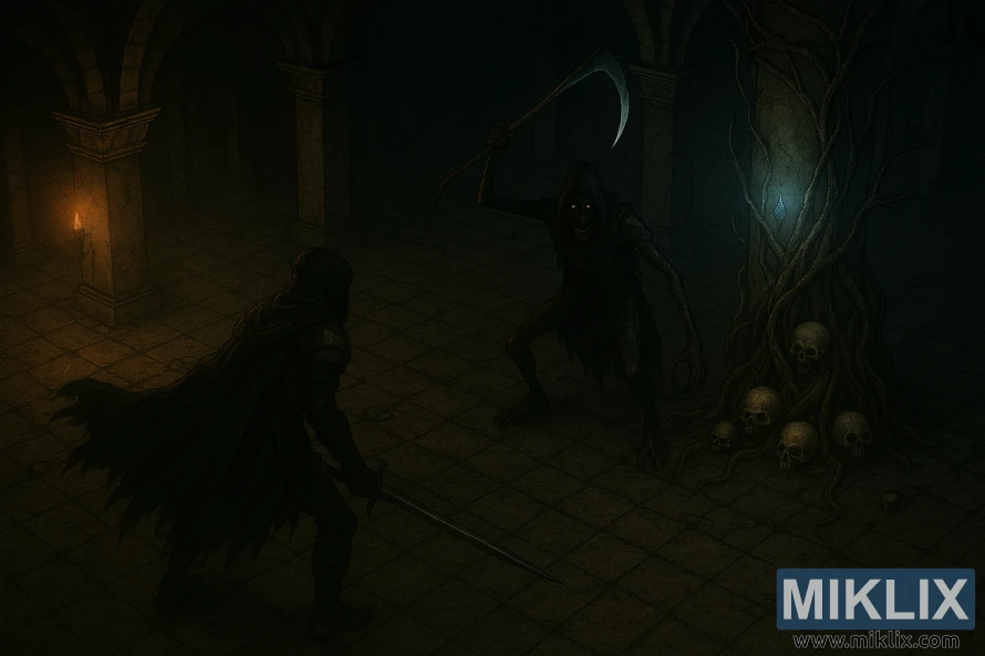 Dark fantasy illustration of the Tarnished in Black Knife armor confronting the Cemetery Shade in Caelid Catacombs from an elevated isometric view.