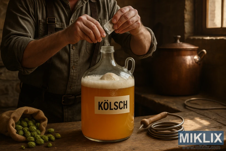 Немецкий домашний пивовар в традиционной одежде насыпает сухие дрожжи в стеклянный ферментер с этикеткой «Kölsch» на деревенском деревянном верстаке, в окружении хмеля, медного пивоваренного оборудования и мягкого света из окна. Немецкий домашний пивовар в традиционной одежде насыпает сухие дрожжи в стеклянный ферментер с этикеткой «Kölsch» на деревенском деревянном верстаке, в окружении хмеля, медного пивоваренного оборудования и мягкого света из окна.