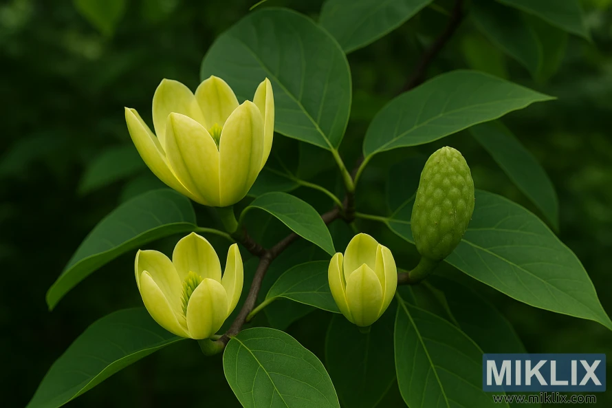 Close-up of a Cucumber Magnolia tree branch showing yellowish-green tulip-shaped flowers and cucumber-like fruit among glossy green leaves.