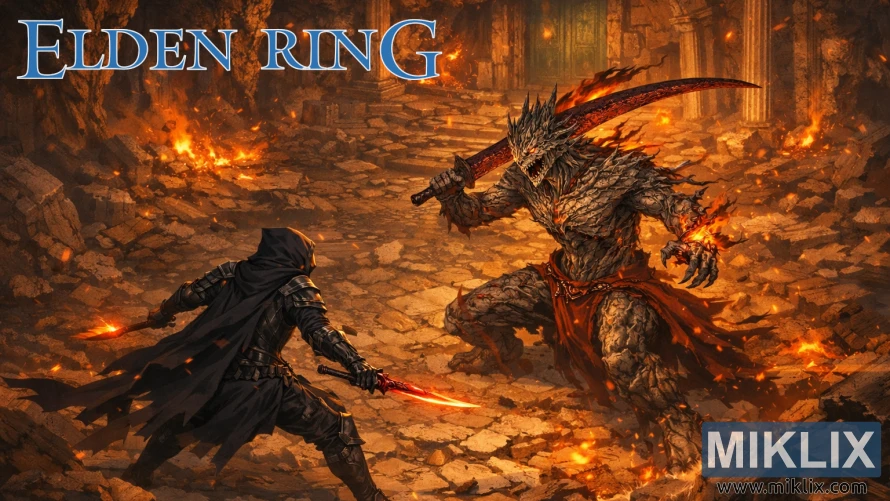 Fan art of Tarnished in Black Knife armor battling Ancient Dragon-Man in Elden Ring’s Dragon’s Pit