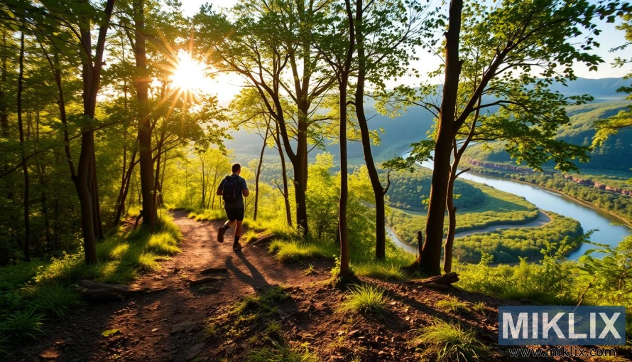 Pohodniški škornji na gozdni poti, sončna svetloba se prebija skozi drevesa, v daljavi pa reka.
