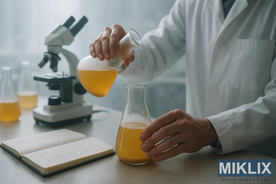 A technician in a white lab coat pours a cloudy golden liquid in a softly lit laboratory.