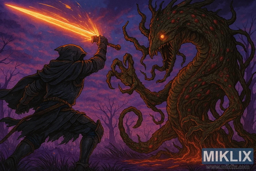Anime-style battle between Tarnished in Black Knife armor and serpent-tree Putrid Avatar in Dragonbarrow