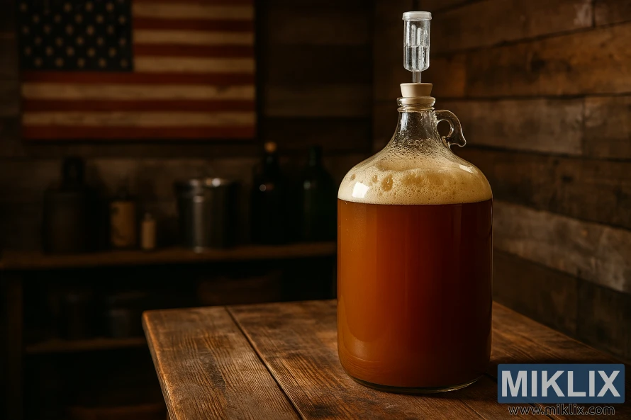Staklena boca fermentirajućeg američkog piva na drvenom stolu u rustikalnoj sobi za domaće pivovare