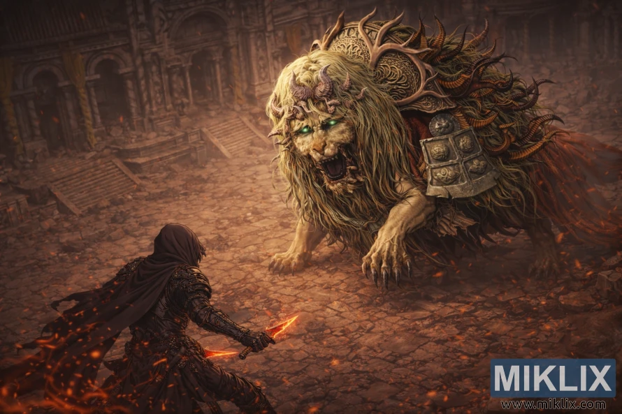 Isometric anime fan art of the Tarnished in Black Knife armor facing a towering Divine Beast Dancing Lion in a ruined Elden Ring cathedral courtyard.