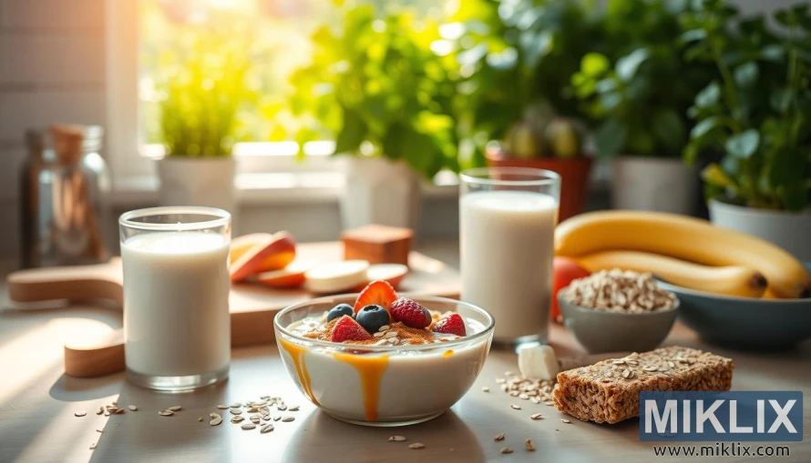 Farina de civada fumejant amb baies, llet de civada i granola en un taulell de cuina assolellat. Farina de civada fumejant amb baies, llet de civada i granola en un taulell de cuina assolellat.