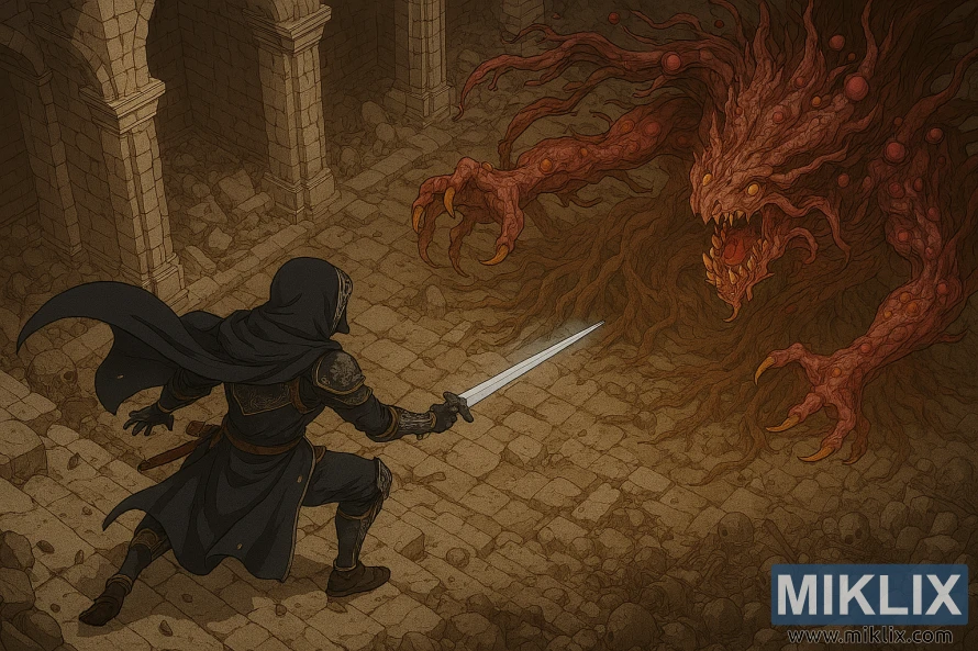 Landscape anime-style image of the Tarnished in Black Knife armor facing the Putrid Tree Spirit in Elden Ring Landscape anime-style image of the Tarnished in Black Knife armor facing the Putrid Tree Spirit in Elden Ring