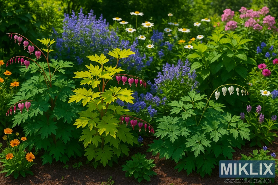 Um vibrante jardim campestre no verão, com corações-sangrentos rosa, brancos e dourados rodeados de margaridas, nepeta e flox sob a luz intensa do sol. Um vibrante jardim campestre no verão, com corações-sangrentos rosa, brancos e dourados rodeados de margaridas, nepeta e flox sob a luz intensa do sol.