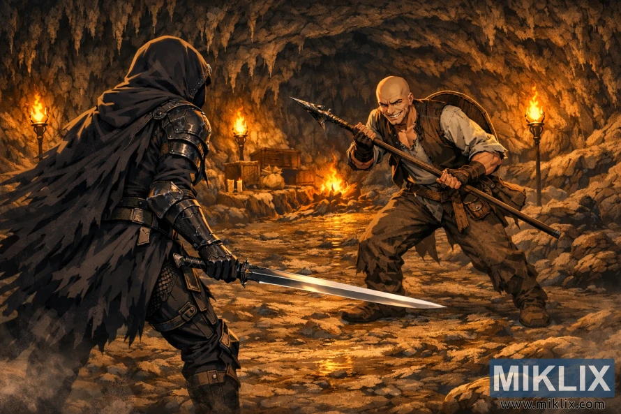 Anime fantasy scene of the Tarnished seen from behind on the left facing Patches with a spear in a wide torchlit cave before combat.