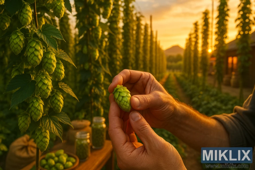 Gambar jarak dekat tangan seorang petani memeriksa kon hop segar di halaman lompat matahari terbenam keemasan dengan teralis dan bangunan desa di latar belakang.