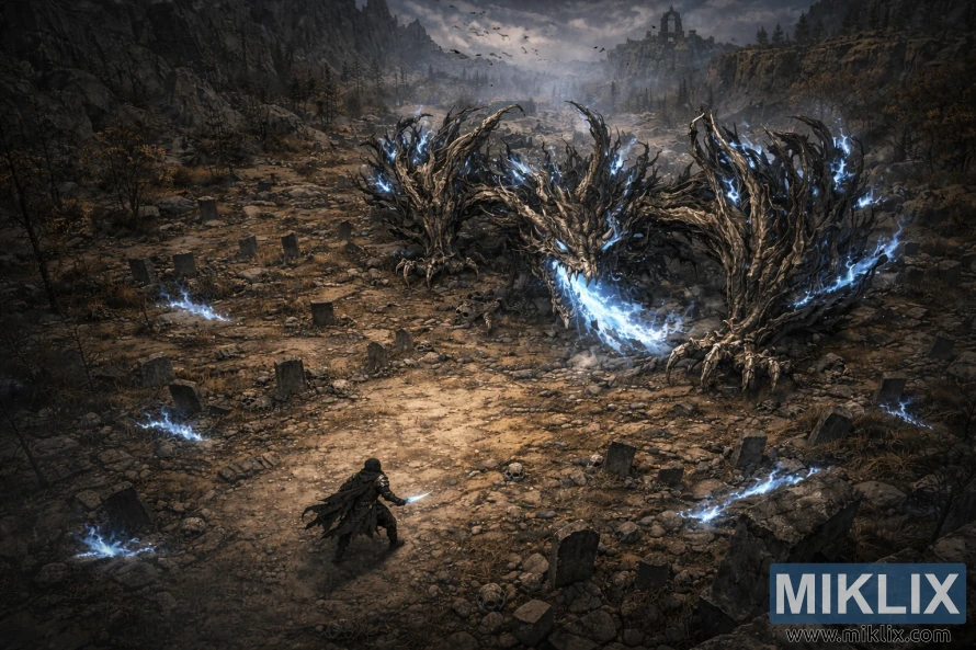 Overhead dark fantasy view of a tiny Tarnished confronting a massive Ghostflame Dragon across a grave-strewn battlefield.