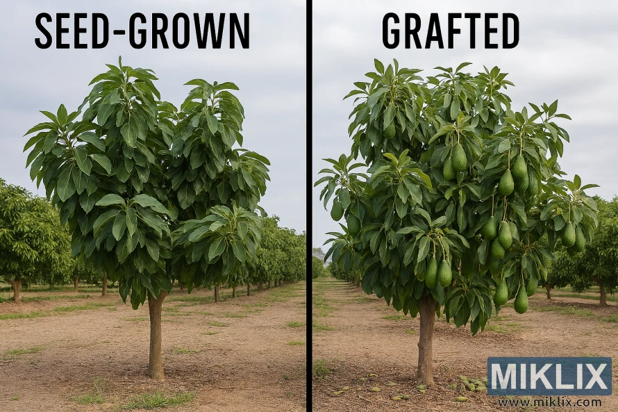 Side-by-side comparison of seed-grown and grafted avocado trees showing fruit production differences