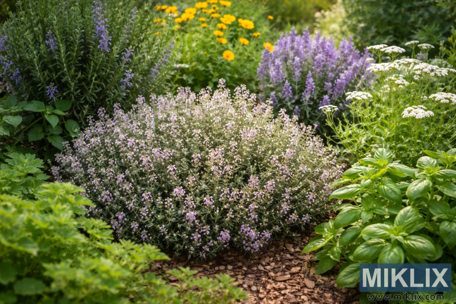 Lush thyme growing alongside rosemary, basil, calendula, sage, and yarrow in a sunlit companion planting garden bed.