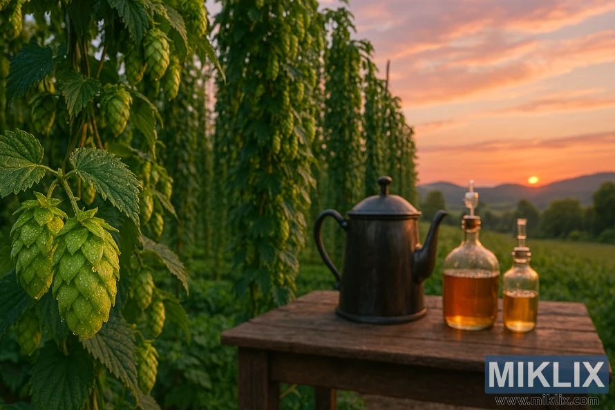 Northern Brewer hop cones glistening with dew in a golden hour field, with brewing equipment on a rustic table and rolling hills in the background.