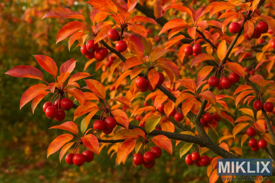 Close-up of a crabapple tree with vivid orange, red, and yellow leaves and clusters of bright red crabapples in autumn sunlight. Close-up of a crabapple tree with vivid orange, red, and yellow leaves and clusters of bright red crabapples in autumn sunlight.