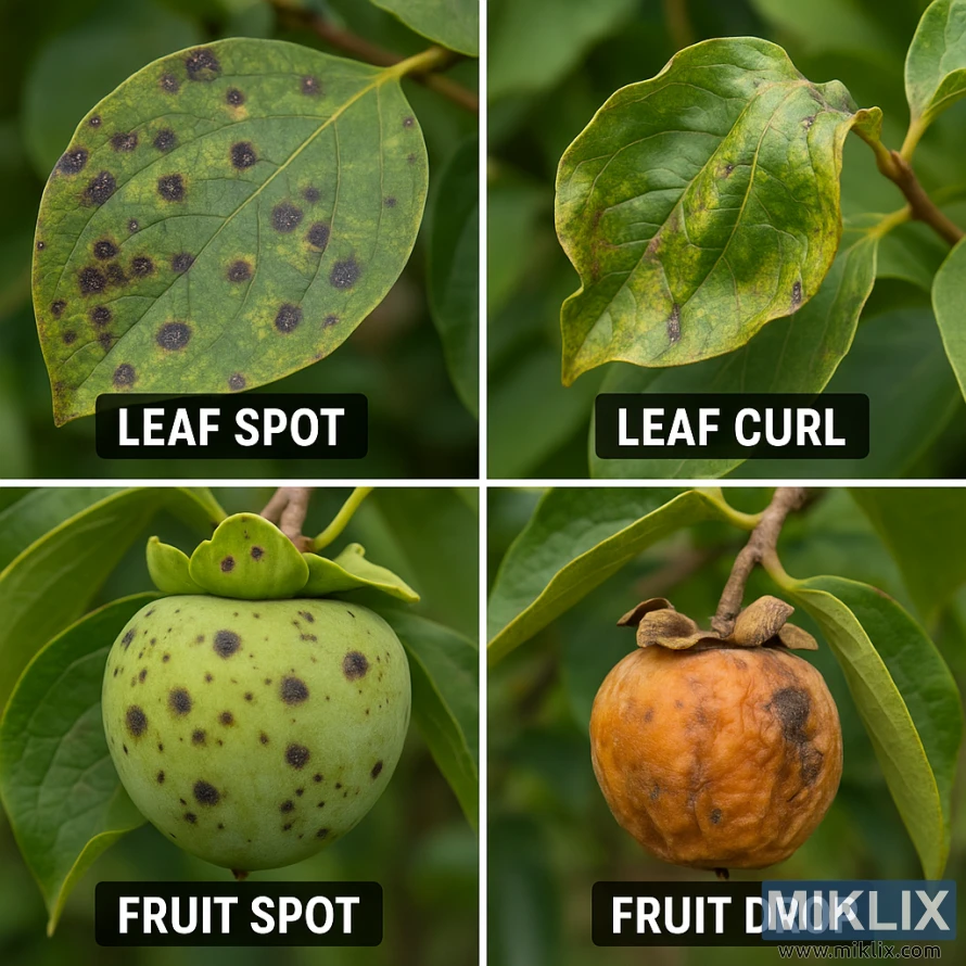 A diagnostic guide showing persimmon leaf spot, leaf curl, fruit spot, and fruit drop with labeled close-up photos. A diagnostic guide showing persimmon leaf spot, leaf curl, fruit spot, and fruit drop with labeled close-up photos.