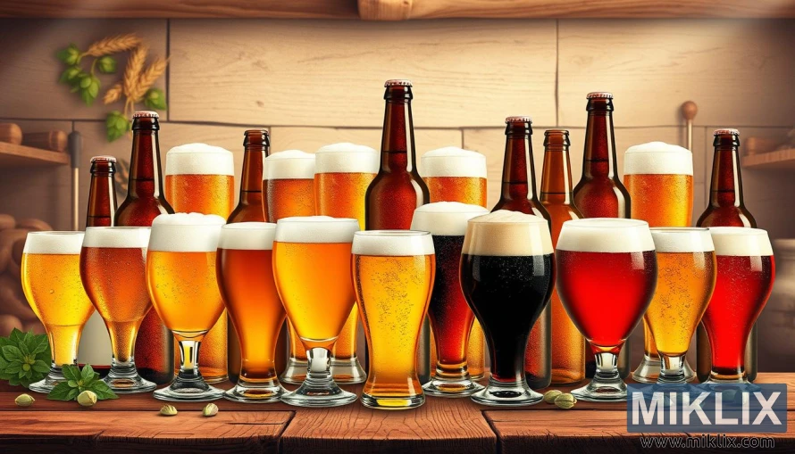 Ulike ølglass og flasker på et trebord som viser stilkompatibilitet. Ulike ølglass og flasker på et trebord som viser stilkompatibilitet.