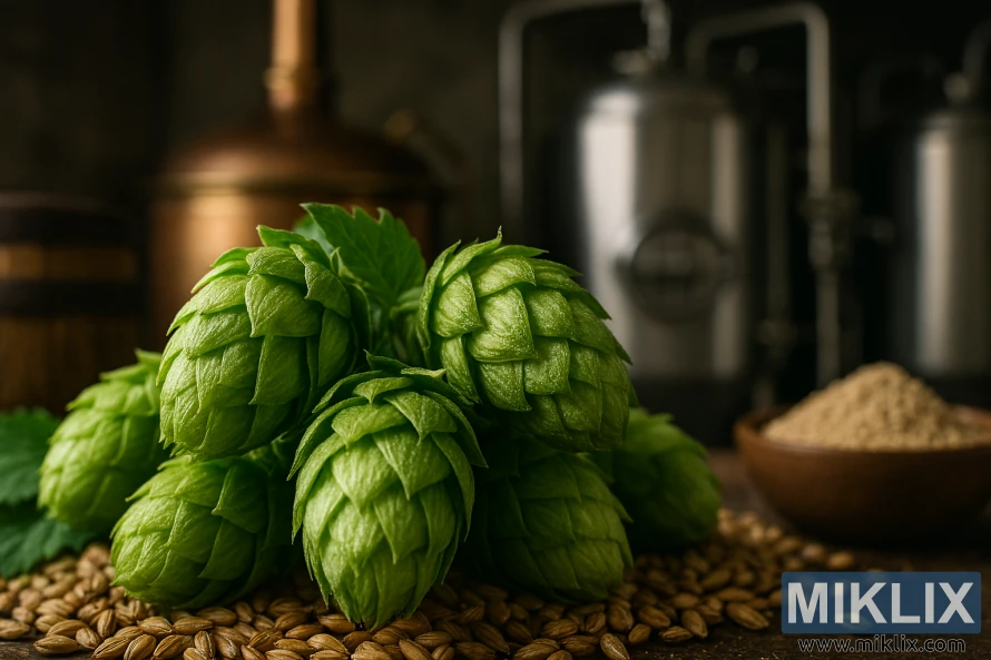 Close-up of fresh green hop cones resting on malted barley grains with brewing equipment in the background.