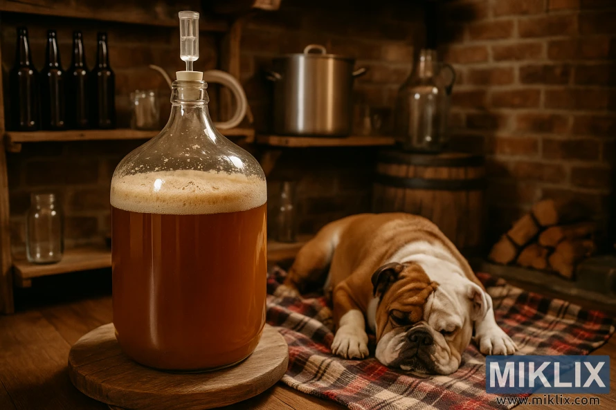 Sklenený fermentor s tradičným nemeckým ležiakom kvasiacim v rustikálnej miestnosti, zatiaľ čo buldog spí na kockovanej deke neďaleko. Sklenený fermentor s tradičným nemeckým ležiakom kvasiacim v rustikálnej miestnosti, zatiaľ čo buldog spí na kockovanej deke neďaleko.