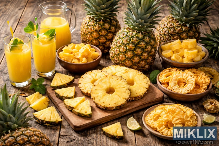 Fotografia d'alta resolució de pinyes senceres, rodanxes fresques, anelles seques i suc de pinya disposades sobre una taula de fusta rústica amb menta i llima.