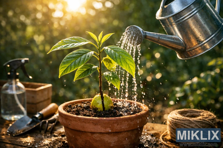Young avocado plant in a terracotta pot being gently watered in warm sunlight