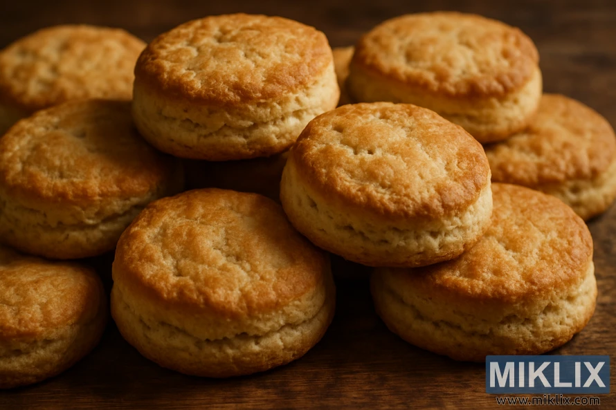 मऊ, उबदार प्रकाशयोजनेसह एका ग्रामीण लाकडी पृष्ठभागावर सोनेरी-तपकिरी बिस्किटांचा क्लोज-अप.