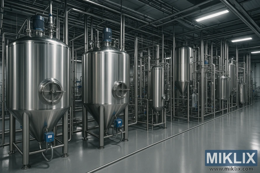 Instalación de producción de levadura industrial con filas de tanques y tuberías de acero inoxidable pulido bajo iluminación brillante.