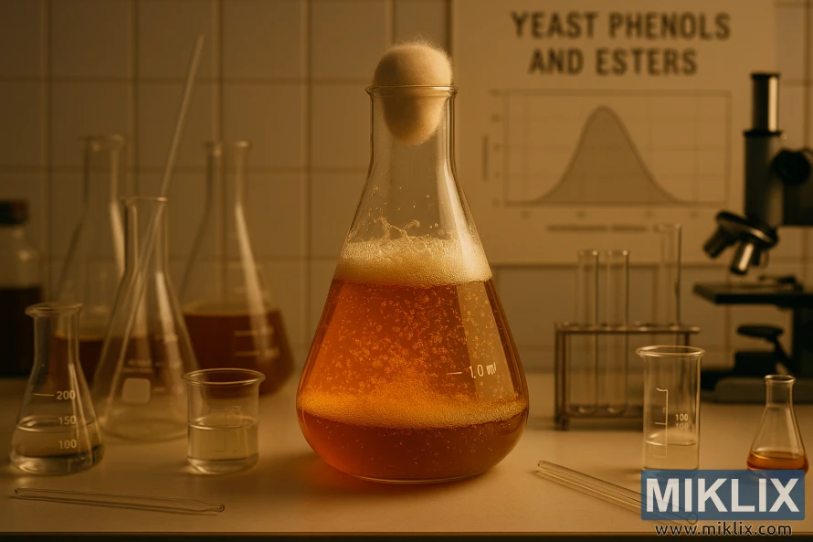 Laboratoriebenk med glassvarer og en boblende gyllen belgisk ølkolbe.