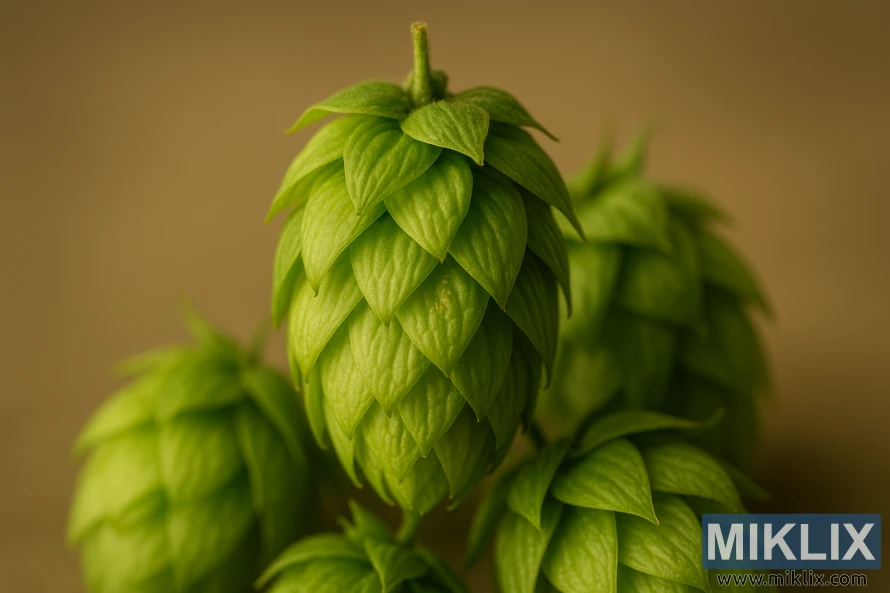 Nærbilde av fersk East Kent Golding-humle med livlige grønne kjegler.