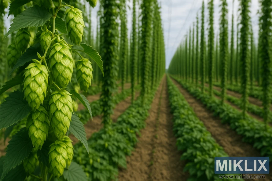 Κοντινό πλάνο πράσινων κώνων λυκίσκου Merkur με σειρές από ψηλές πέργκολες σε ένα χωράφι με λυκίσκο.