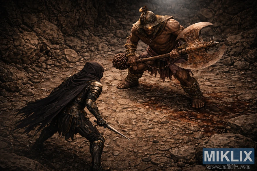 Изометриски поглед на Затемнетите како се соочуваат со Избезумените Дуелисти во карпеста пештера пред борбата.