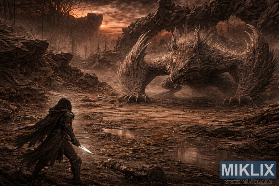 Elevated isometric view of the Tarnished seen from behind on the left, facing a colossal Jagged Peak Drake in a barren, rocky landscape under an ash-red sky. Elevated isometric view of the Tarnished seen from behind on the left, facing a colossal Jagged Peak Drake in a barren, rocky landscape under an ash-red sky.