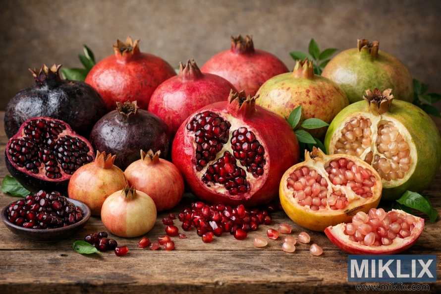 Assorted pomegranate varieties of different sizes and colors, including whole and cut fruits with visible red and pale arils, arranged on a rustic wooden table. Assorted pomegranate varieties of different sizes and colors, including whole and cut fruits with visible red and pale arils, arranged on a rustic wooden table.