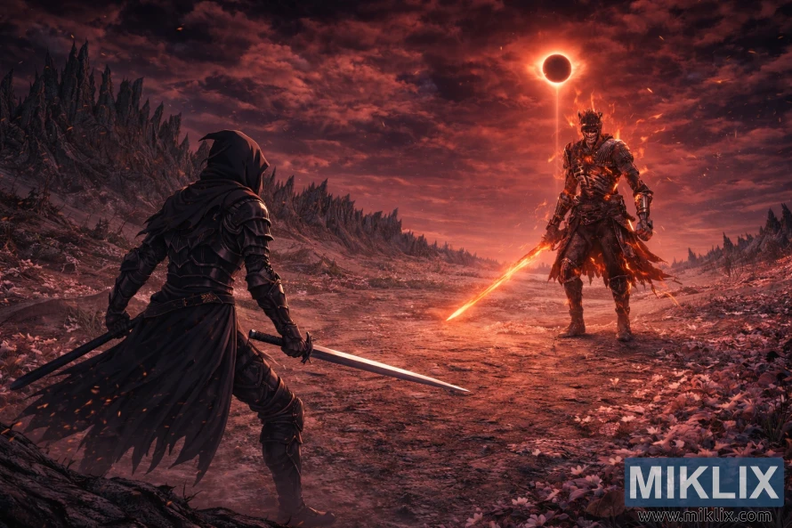 Широка сцена в аниме стил, на която тъмно брониран мечоносец се изправя срещу огнен разтопен рицар под слънчево затъмнение на обширно бойно поле, покрито с пепел.