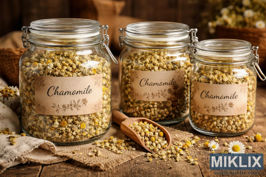 Glass jars filled with dried chamomile flowers, labeled and arranged on a rustic wooden surface with warm natural light.