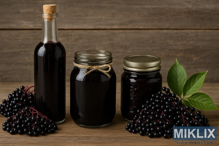 Различные домашние продукты из бузины, в том числе бутылка сиропа, банки варенья и гроздья спелых ягод бузины, разложенные на деревенском деревянном столе. Различные домашние продукты из бузины, в том числе бутылка сиропа, банки варенья и гроздья спелых ягод бузины, разложенные на деревенском деревянном столе.