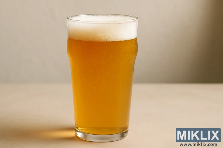 A clear glass of golden ale with a delicate foam head on a simple surface. A clear glass of golden ale with a delicate foam head on a simple surface.
