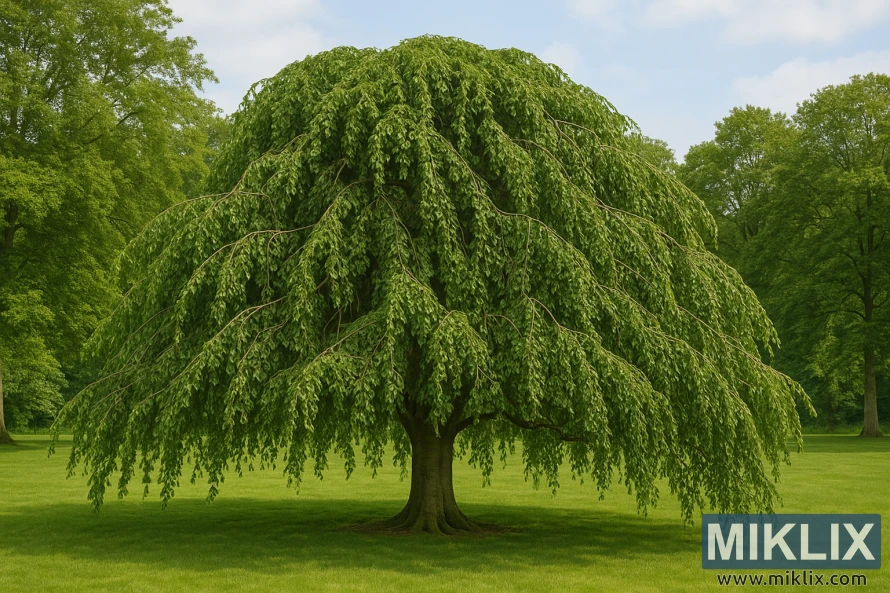 Pohon Beech Eropa yang menangis dengan cabang-cabang hijau yang menjuntai membentuk kanopi payung.