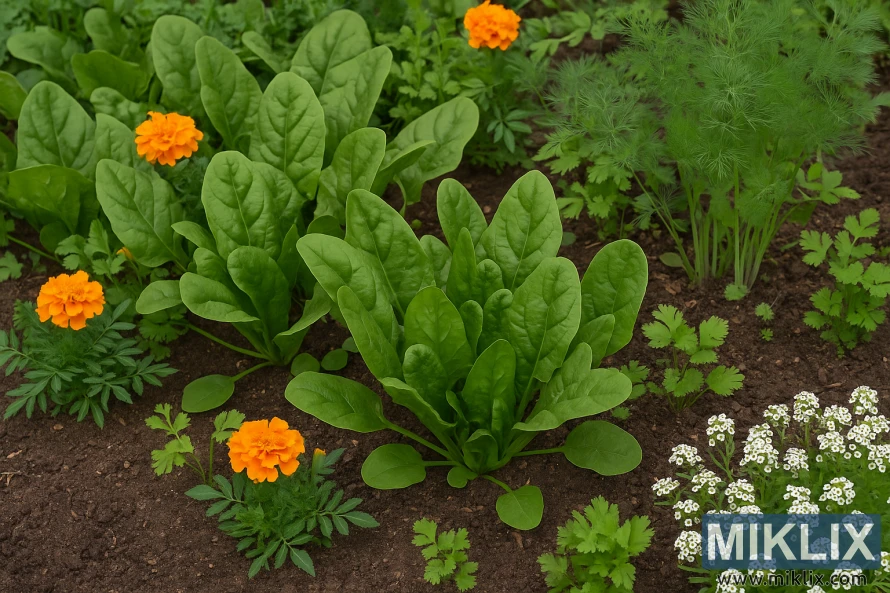 Пышные кусты шпината растут рядом с бархатцами, укропом, кинзой и алиссумом на ухоженной грядке с плодородной коричневой почвой. Пышные кусты шпината растут рядом с бархатцами, укропом, кинзой и алиссумом на ухоженной грядке с плодородной коричневой почвой.