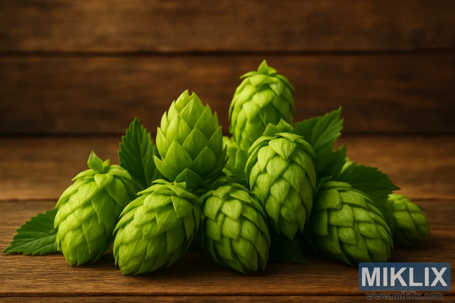 Chùm nón hoa bia Opal xanh tươi nằm trên bề mặt gỗ mộc mạc dưới ánh đèn ấm áp, dịu nhẹ. Chùm nón hoa bia Opal xanh tươi nằm trên bề mặt gỗ mộc mạc dưới ánh đèn ấm áp, dịu nhẹ.