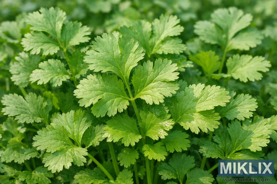 Close-up photograph of Leisure cilantro plants showing large, bright green leaves with visible veins and fresh dew in a dense garden bed.