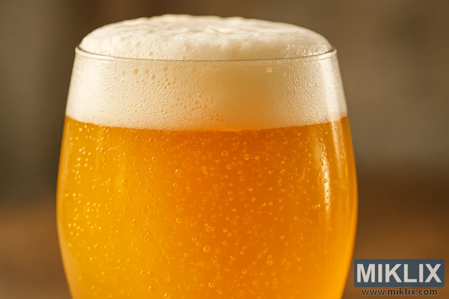 Nærbilde av et glass gyllent bayersk hveteøl med kremet skum og stigende bobler. Nærbilde av et glass gyllent bayersk hveteøl med kremet skum og stigende bobler.